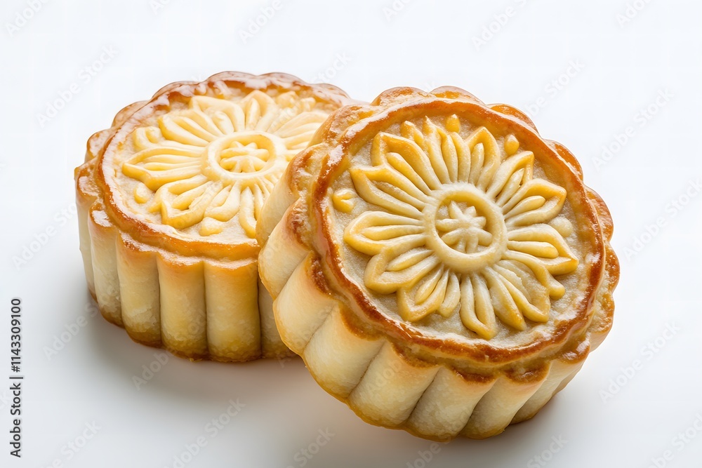 Traditional Mooncakes with Intricate Floral Patterns on Surface for Mid-Autumn Festival Celebration and Cultural Heritage Representation Traditional Mooncakes with Intricate Floral Patterns on Surface for Mid-Autumn Festival Celebration and Cultural Heritage Representation