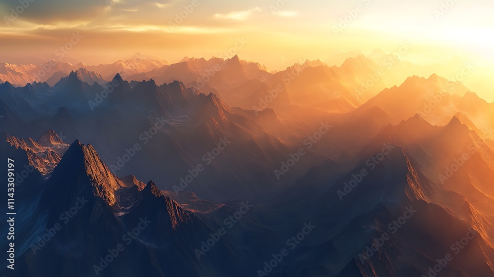 A breathtaking view of rugged mountain ranges bathed in the warm, golden light of the setting sun, casting long shadows across the peaks and valleys A breathtaking view of rugged mountain ranges bathed in the warm, golden light of the setting sun, casting long shadows across the peaks and valleys