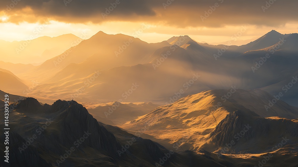 A breathtaking view of rugged mountain ranges bathed in the warm, golden light of the setting sun, casting long shadows across the peaks and valleys A breathtaking view of rugged mountain ranges bathed in the warm, golden light of the setting sun, casting long shadows across the peaks and valleys