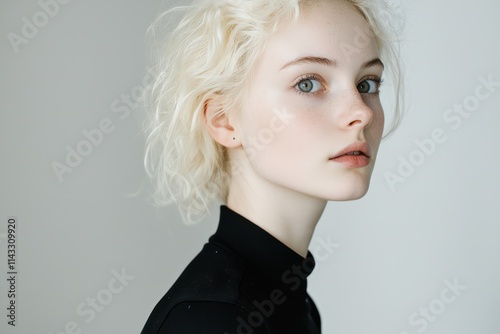 A young woman with pale skin, against a white background. A half-body portrait with a focus on her facial features.