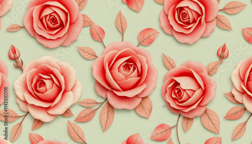 Wallpaper Mural Shabby chic vintage roses seamless pattern, flat papercut style, with white tones Torontodigital.ca