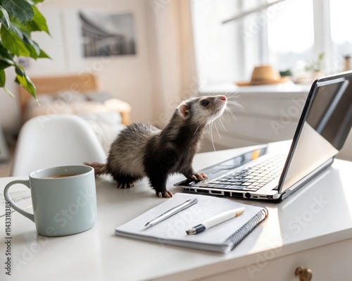 Curious ferret exploring a modern workspace with a laptop, notebook, pen, and coffee mug on a white desk, surrounded by natural light and cozy home decor in a serene room setting.
