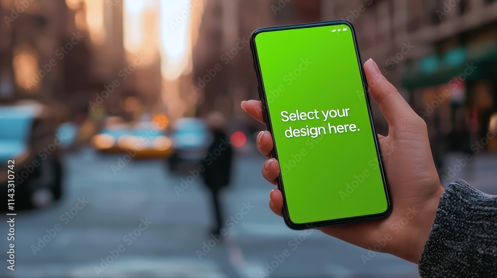 Woman's Hand Holding a Blank Green Screen Phone Mockup with Blurred City Street Background and Text Reading 'Select Your Design Here' Woman's Hand Holding a Blank Green Screen Phone Mockup with Blurred City Street Background and Text Reading 'Select Your Design Here'