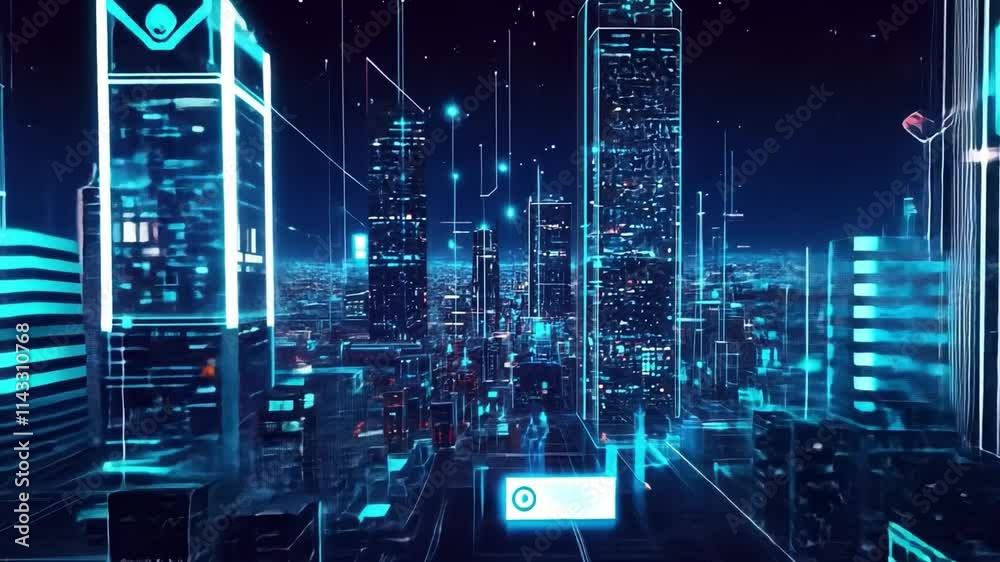 Cyber City: A futuristic cityscape illuminated by a vibrant, neon-blue digital network. The cityscape showcases the interconnectedness of technology and urban life. Cyber City: A futuristic cityscape illuminated by a vibrant, neon-blue digital network. The cityscape showcases the interconnectedness of technology and urban life.