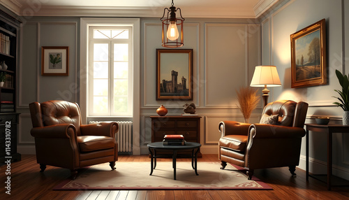 Wallpaper Mural classic living room interior with leather chairs and vintage lamp, low-poly, with white tones Torontodigital.ca