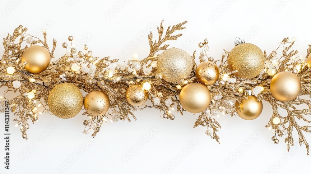 Fototapeta premium Golden Christmas Garland with Ornaments and Lights on White Background