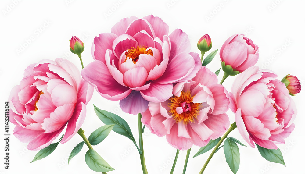 Set of peonies flowers on an isolated white background, watercolor peony illustration, botanical painting, enhance Set of peonies flowers on an isolated white background, watercolor peony illustration, botanical painting, enhance