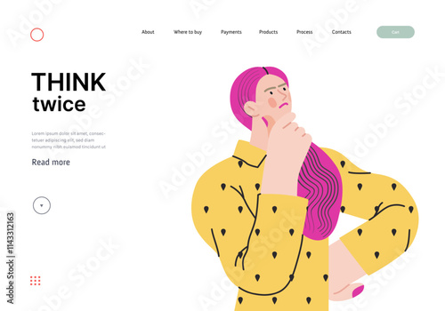 Thinking people, modern flat vector concept illustration- woman standing thoughtfully, looking upwards. Metaphor for reflection, analysis, introspection, contemplation, deep thought