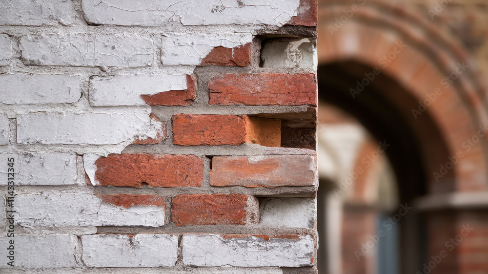 Close-up of a weathered brick wall with white paint peeling, showcasing a blend of red and gray bricks, set against a blurred, arched brick structure. Close-up of a weathered brick wall with white paint peeling, showcasing a blend of red and gray bricks, set against a blurred, arched brick structure.