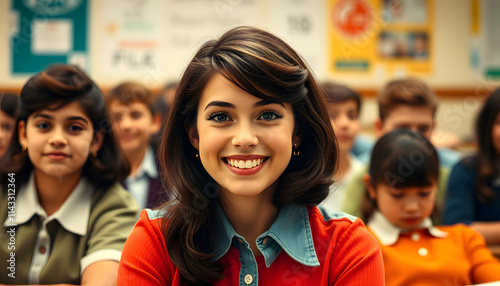 vintage portrait of smiling brunette female in classroom of students in technicolor photo style, pop art, with white tones