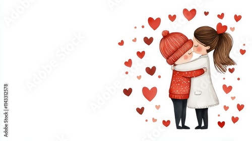 Couple in warm embrace, surrounded by small hearts, Valentine's theme, isolated white photo