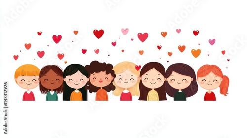 Vector of diverse friend group celebrating Valentine's Day, hearts and confetti, vibrant colors, each character unique, isolated on white