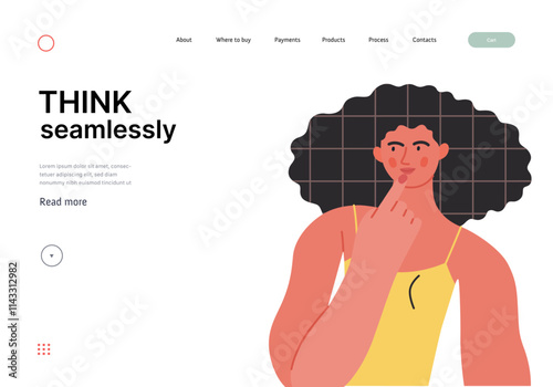 Thinking people, modern flat vector concept illustration- woman standing thoughtfully, looking sideways. Metaphor for reflection, analysis, introspection, contemplation, deep thought