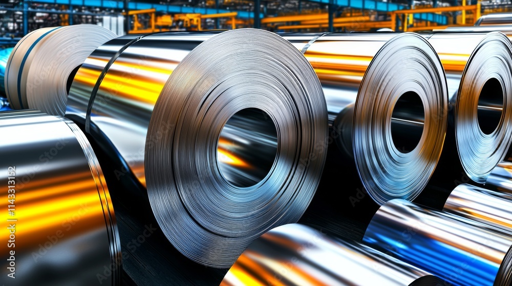 Shiny metal rolls arranged in a large manufacturing facility under bright industrial lighting Shiny metal rolls arranged in a large manufacturing facility under bright industrial lighting