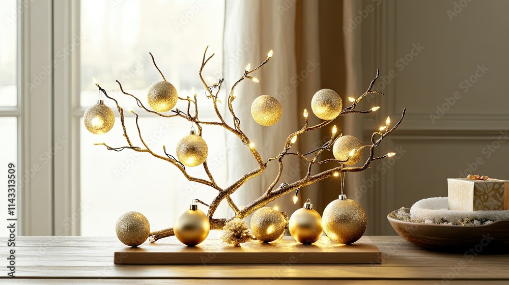 Fototapeta premium Elegant Golden Christmas Decor with Ornaments and Fairy Lights