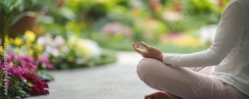 A person practicing mindfulness and self-care in a quiet reflective space, selective focus, therapy for personal growth, vibrant, blend mode, tranquil garden backdrop photo