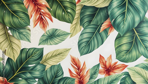 Wallpaper Mural Beautiful pattern of tropical leaves. Wall decor. A mural for the room. Photo wallpapers for the interior. Tropical pattern of different leaves. Painted leaves, hyperrealism, with white tones Torontodigital.ca