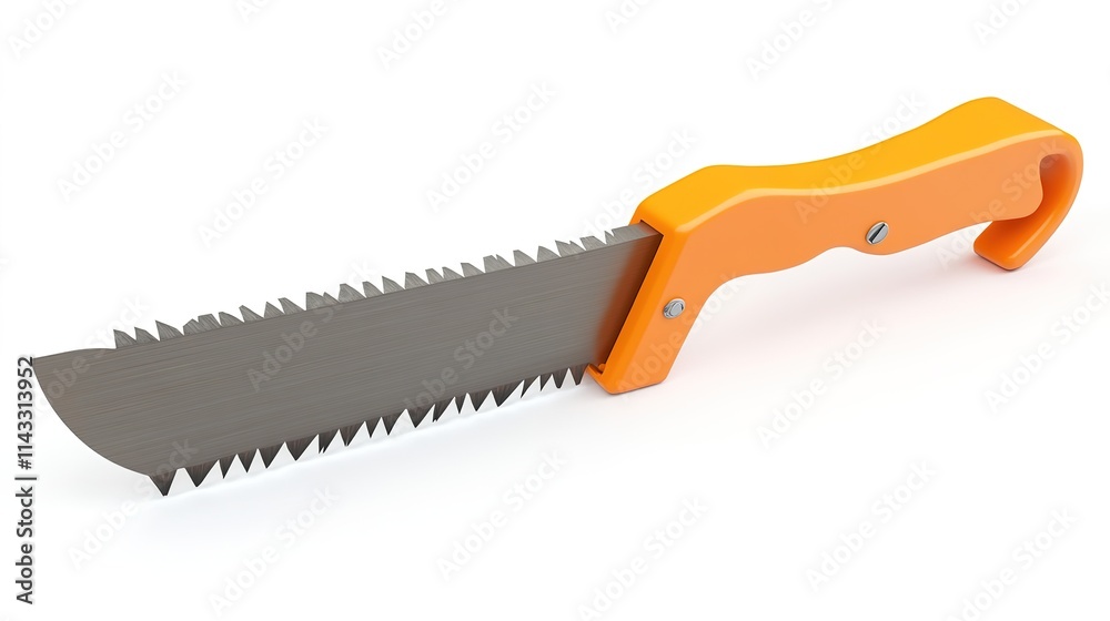 Close-up of a hand saw isolated on a white background. The saw features a sturdy handle and sharp teeth, perfect for woodcutting and DIY projects. Its metal blade reflects light, showcasing durability Close-up of a hand saw isolated on a white background. The saw features a sturdy handle and sharp teeth, perfect for woodcutting and DIY projects. Its metal blade reflects light, showcasing durability