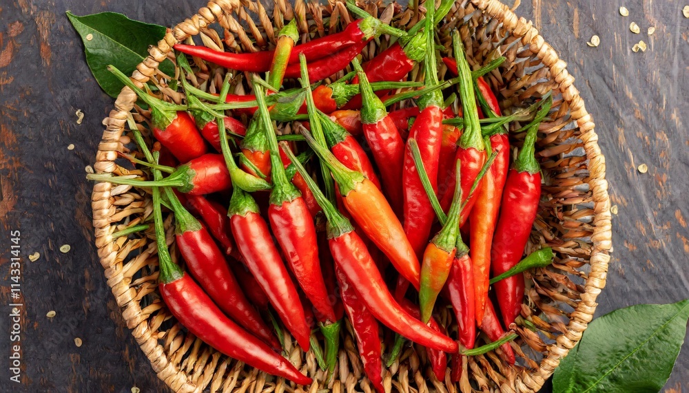 Freshly Picked Red Chili Peppers Arranged in a Basket with Vibrant Colors Freshly Picked Red Chili Peppers Arranged in a Basket with Vibrant Colors
