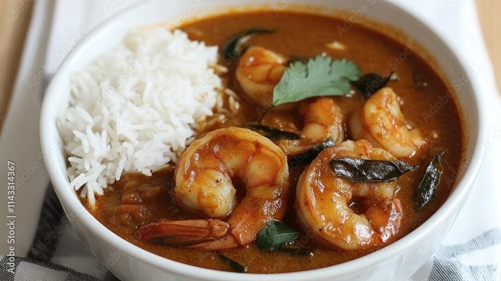 Spicy Shrimp Curry with Rice and Fresh Herbs in White Bowl Spicy Shrimp Curry with Rice and Fresh Herbs in White Bowl