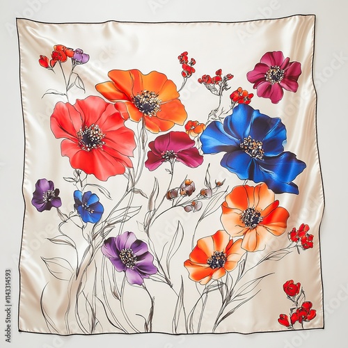 Colorful floral silk scarf with poppies and wildflowers on beige background.