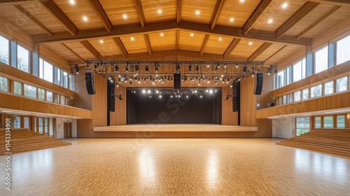 Spacious Modern Auditorium Interior with Wooden Elements and Lights