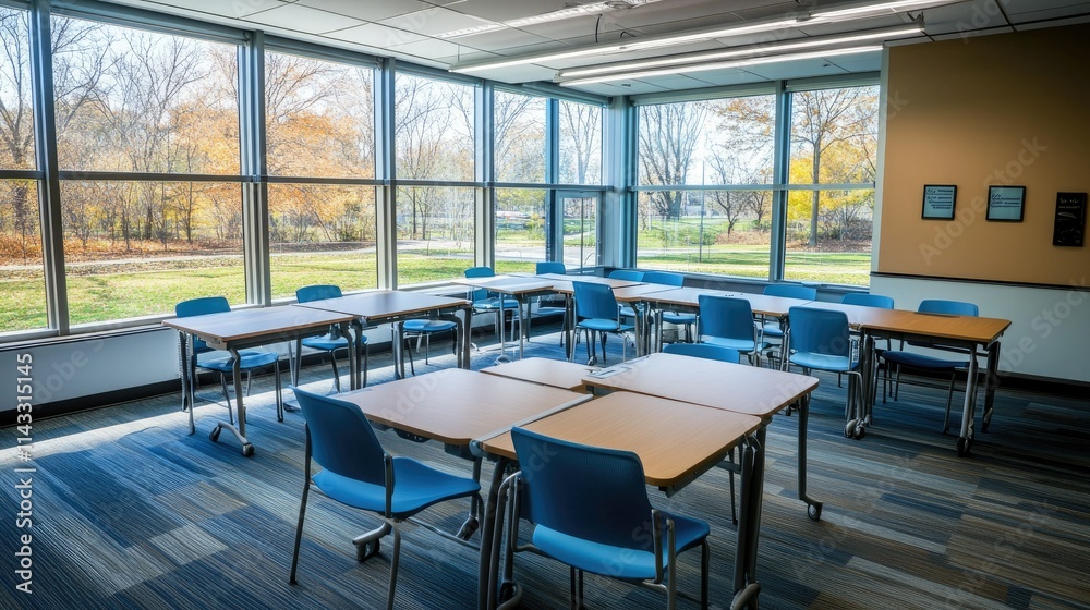 Modern Classroom with Tables and Chairs Set for Learning Environment Modern Classroom with Tables and Chairs Set for Learning Environment