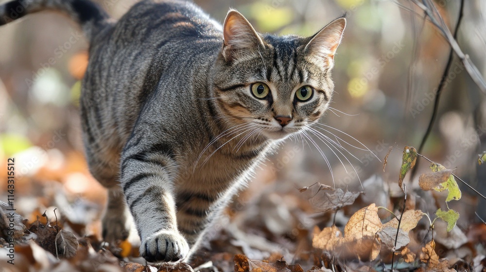 Tabby Cat Walking Through Autumn Leaves Tabby Cat Walking Through Autumn Leaves