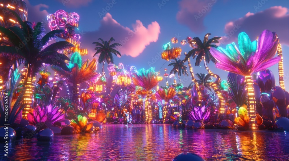 Fototapeta premium Neon-lit fantasy landscape with palm trees and glowing plants reflecting in water.
