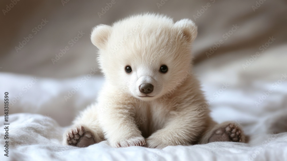 Adorable fluffy white polar bear cub sitting on a bed. Adorable fluffy white polar bear cub sitting on a bed.