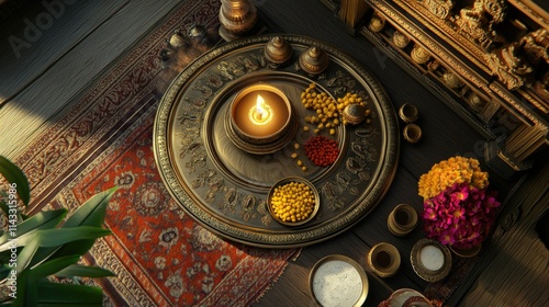 Traditional Indian Puja Setup with Decorative Elements and Offerings photo