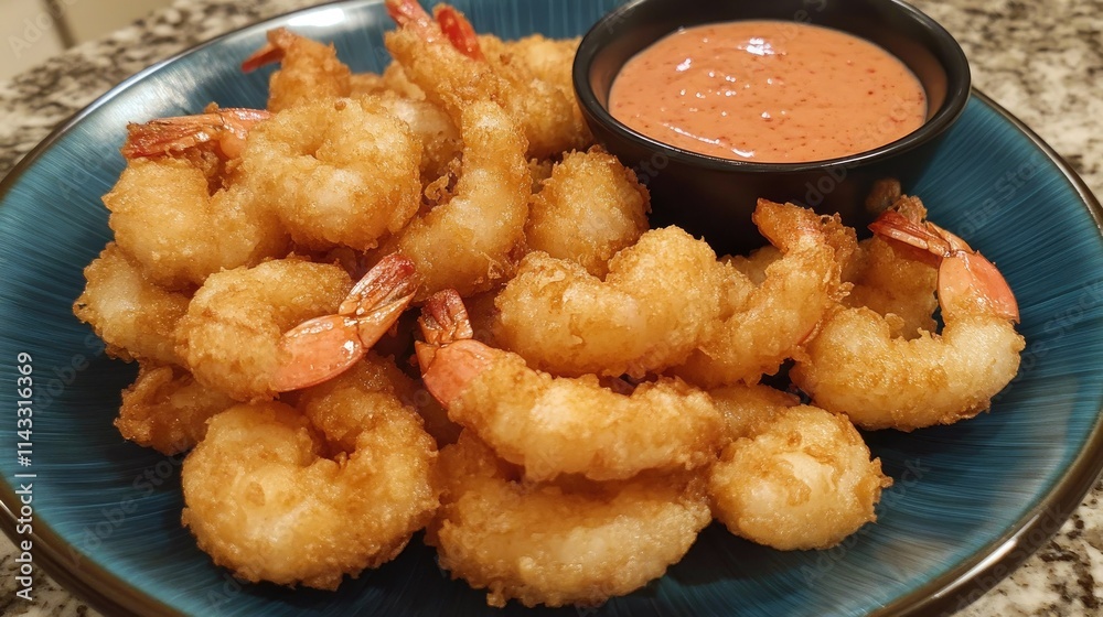 Crispy Fried Shrimp with Tangy Dipping Sauce on a Blue Plate Crispy Fried Shrimp with Tangy Dipping Sauce on a Blue Plate