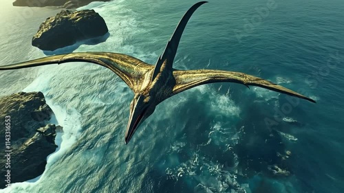 Pterodactyl Soaring Over Ocean: A majestic Pterodactyl glides majestically over a cerulean ocean, its leathery wings outstretched as it navigates the vast expanse.