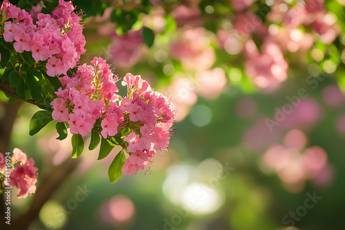 A large mature pink crepe myrtle tree in a garden low depth of field with the tree in focus and background bokeh photo