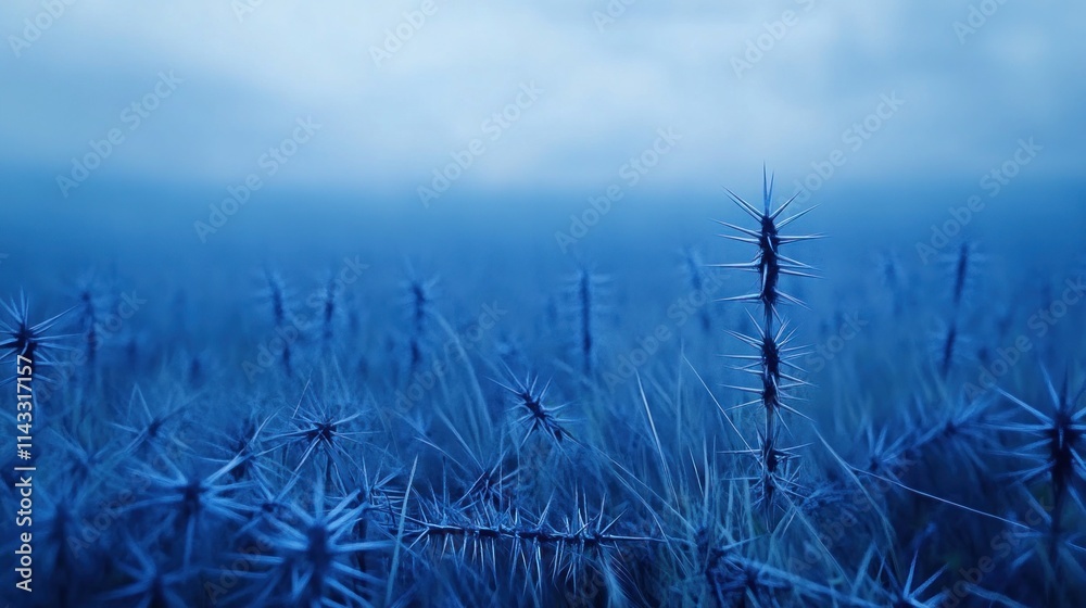 Fototapeta premium Blue toned field of spiky plants.