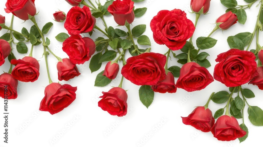 Naklejka premium A vibrant bouquet of red roses, isolated on a pure white background, close-up, romantic, object