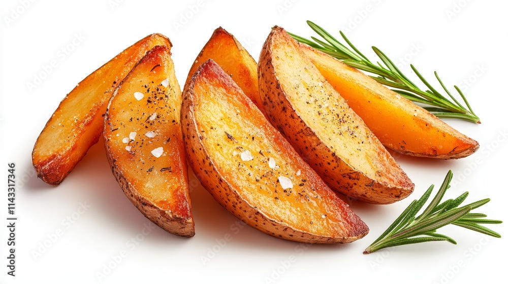 Gourmet potato wedges, sprinkled with rosemary and sea salt, with a golden crispy crust, displayed on a clean white background Gourmet potato wedges, sprinkled with rosemary and sea salt, with a golden crispy crust, displayed on a clean white background