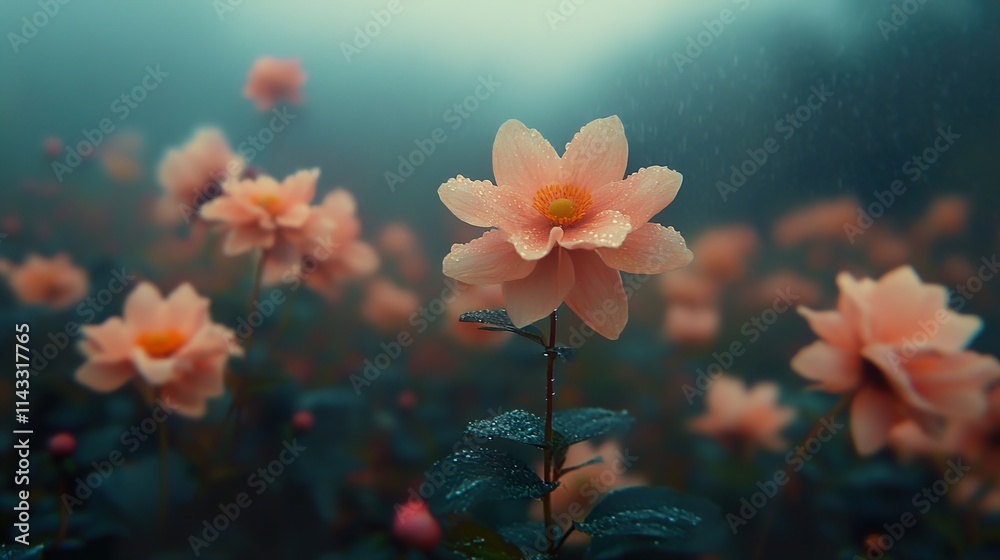 Fototapeta premium Peach Blossom in the Rain: A Serene Floral Scene