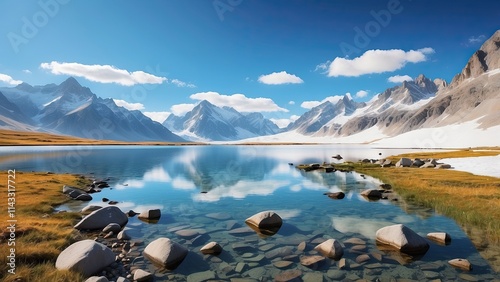 A serene mountain landscape with a crystal-clear lake reflecting the snow-capped peaks under a bright blue sky.