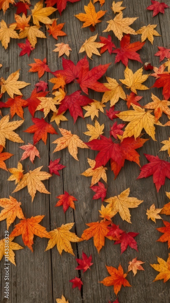 Crimson, gold maple leaves scattered on rustic wood, seasonal background,texture,fall backdrop Crimson, gold maple leaves scattered on rustic wood, seasonal background,texture,fall backdrop