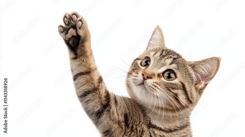 Fototapeta premium Cute tabby cat mid high-five, front paw raised, action shot, isolated on white background