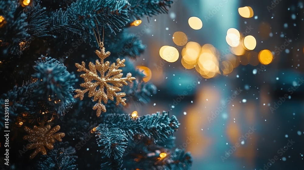 Fototapeta premium Chrismas decorations with snowflakes. Cute chrismas tree on a blurred background