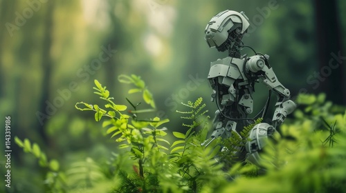 A detailed portrayal of a lone humanoid robot amid vibrant greenery in a peaceful forest, showcasing the harmonious coexistence of technology and nature. AI generated.