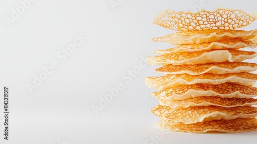 Tall stack of airy, thin crepes with crispy, lacey edges; soft shadows on white background, ideal for food advertisements