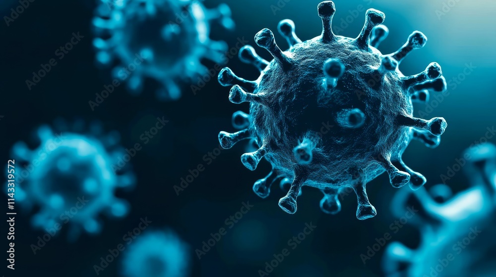 Detailed Microscopic View of Virus Structure with Radiating Projections in Blue Tones Detailed Microscopic View of Virus Structure with Radiating Projections in Blue Tones