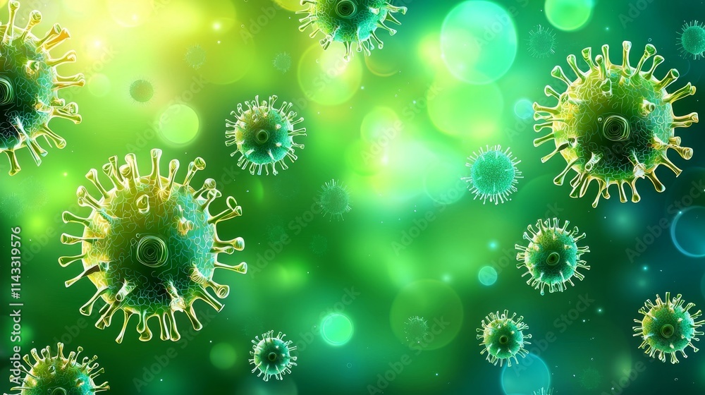 Colorful digital illustration of virus particles on a vibrant green background with bokeh effects Colorful digital illustration of virus particles on a vibrant green background with bokeh effects