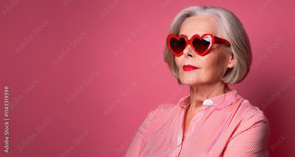 Senior woman with heart-shaped sunglasses Senior woman with heart-shaped sunglasses