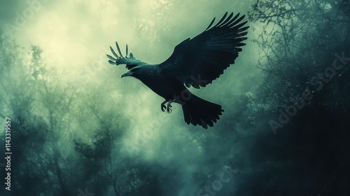 Black bird is flying through a forest