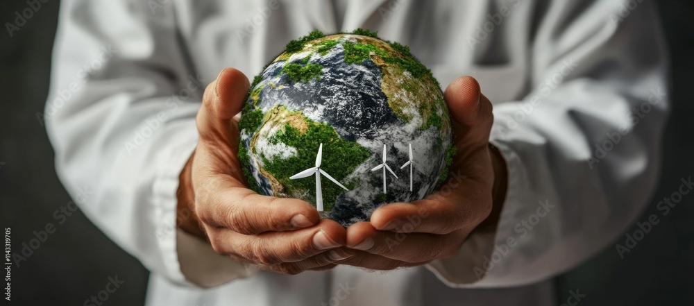 Hands holding a globe with wind turbines, symbolizing renewable energy and environmental care. Hands holding a globe with wind turbines, symbolizing renewable energy and environmental care.