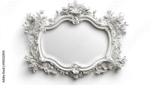 White ornate vintage mirror frame with floral ornaments isolated on white background